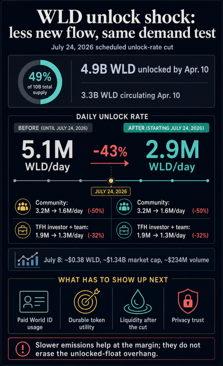Worldcoin WLD atrakinimas mažėja 43%: ar paklausa suspės?
